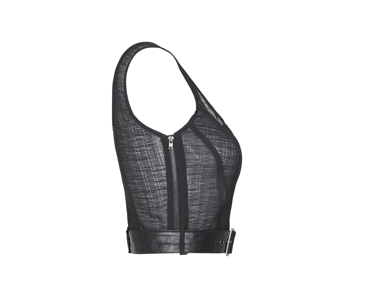 Chic dark plaid mesh top with detachable belt, showcasing elegant fitted design and square collar for stylish flair.