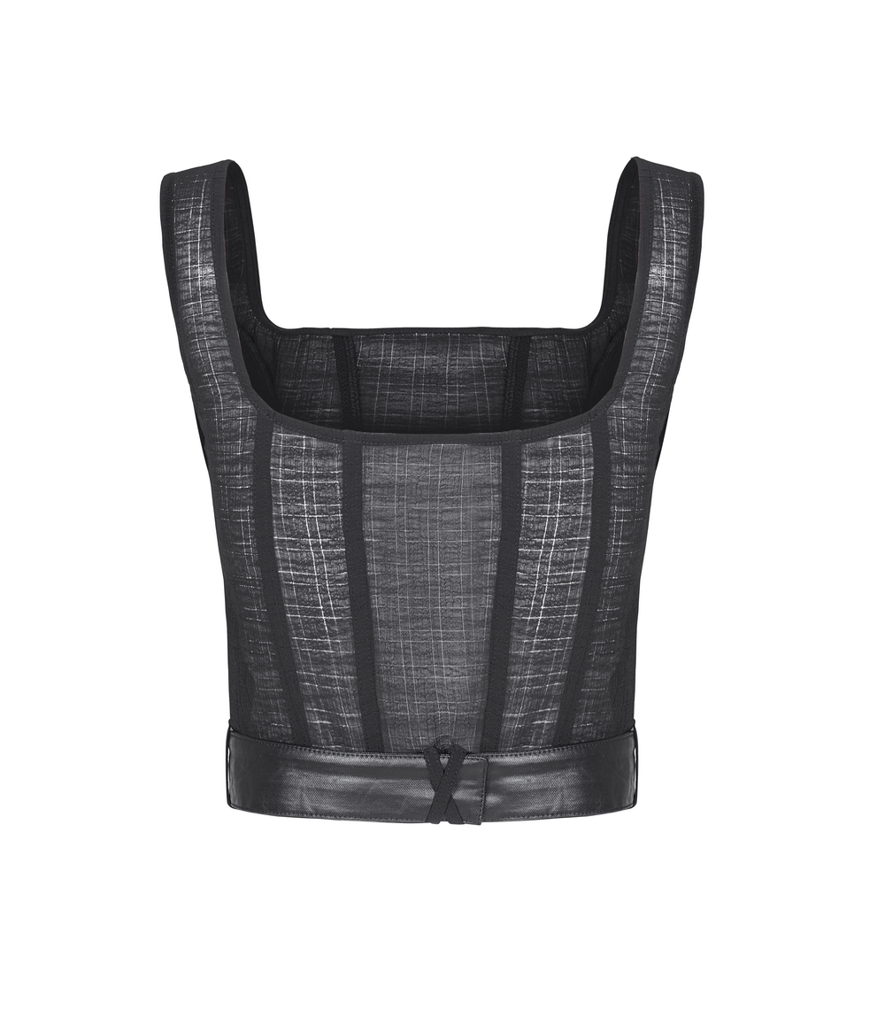 Chic dark plaid mesh top with detachable belt, featuring a square collar and stylish design for elegance and comfort.