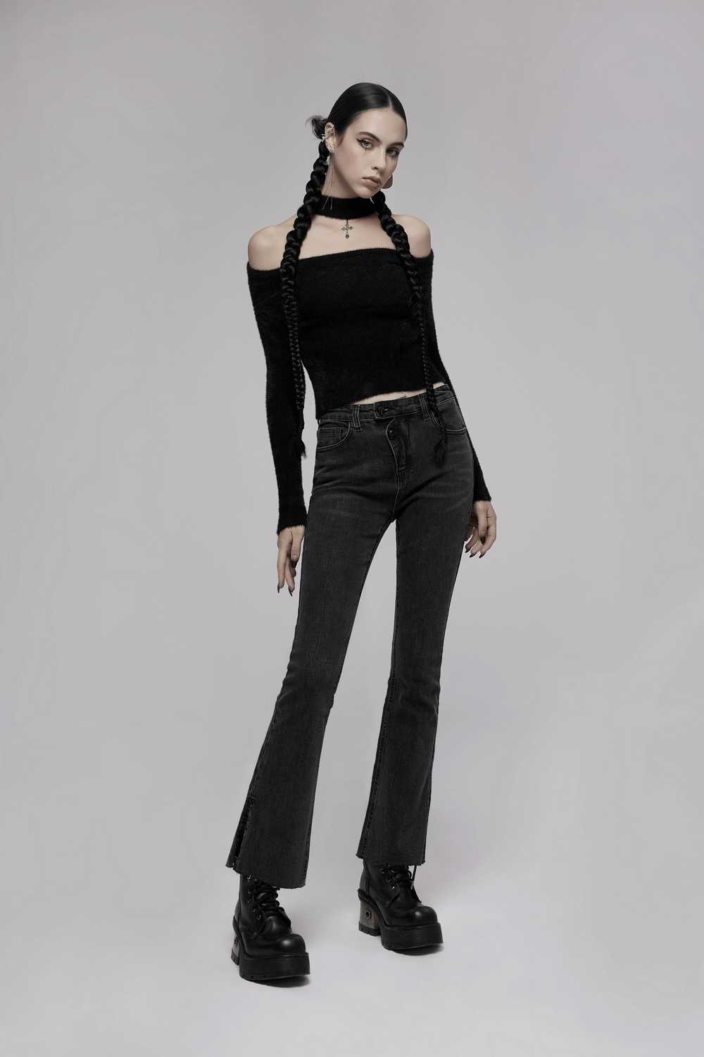 Chic Distressed Flare Jeans with Asymmetric Waist - HARD'N'HEAVY