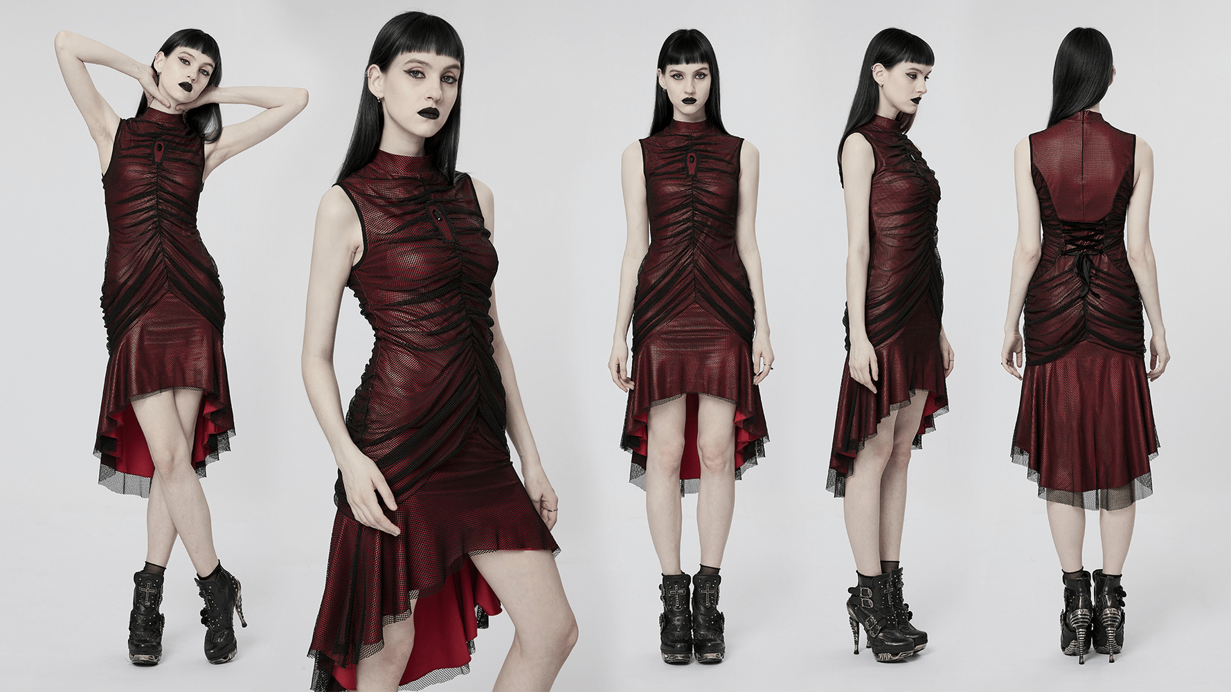 Chic Elastic Gothic Fishtail Dress with Mesh Overlay - HARD'N'HEAVY