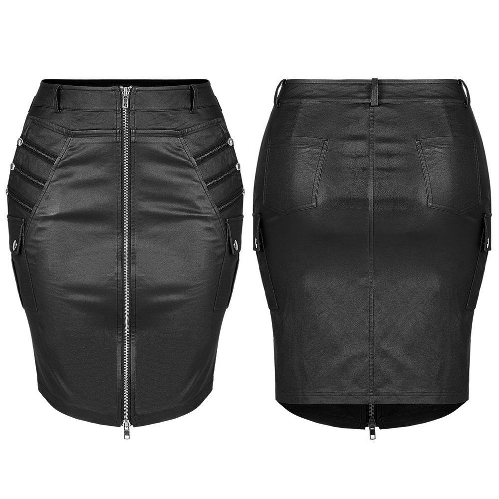 Chic faux leather zippered bodycon skirt with rivet details and side pockets, perfect for an edgy punk look.