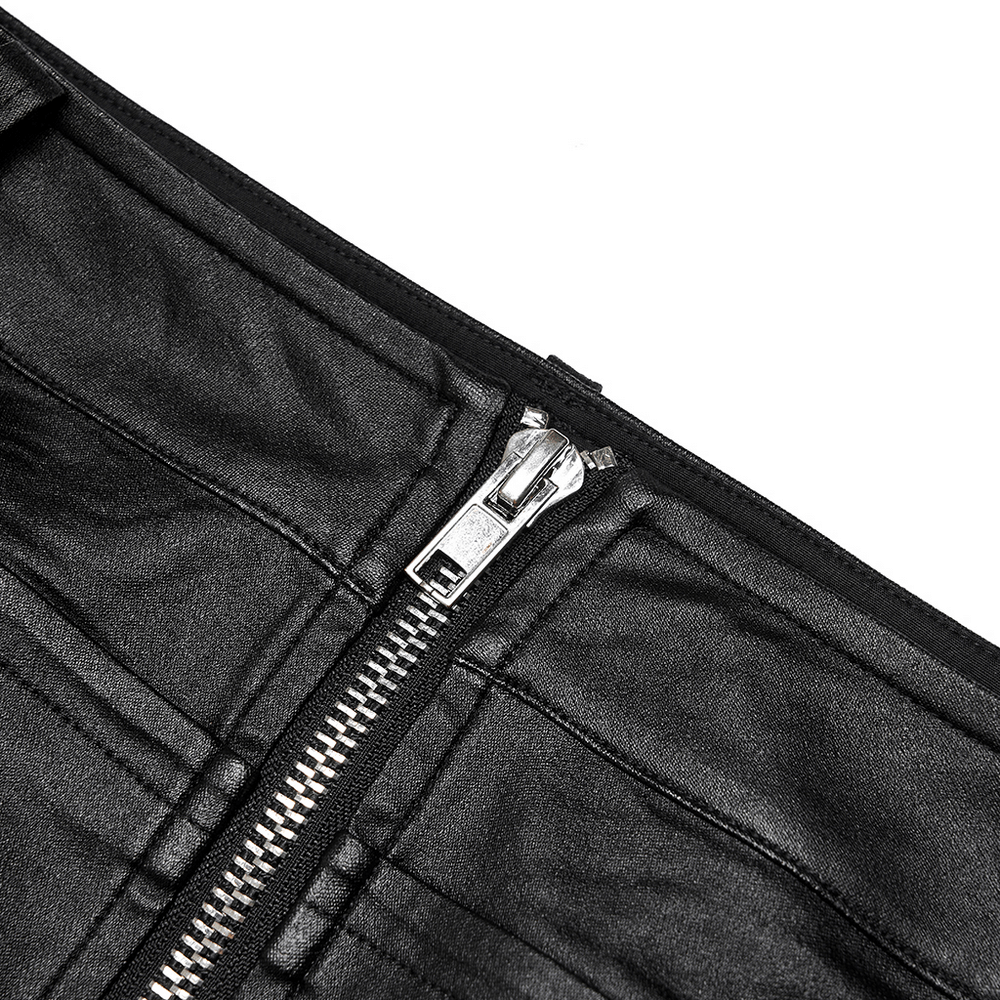 Close-up of a chic faux leather skirt's double-headed zipper detail, showcasing its edgy style and functionality.