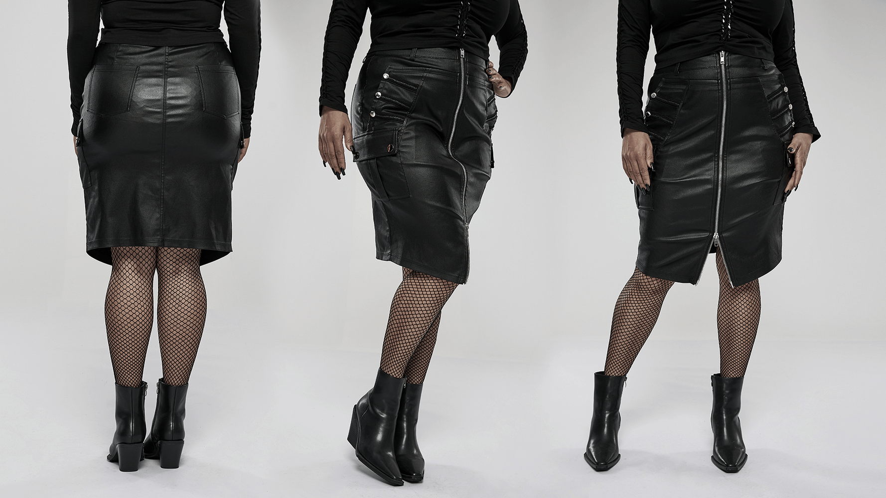 Chic faux leather zippered skirt with rivets, showcasing edgy punk style and figure-hugging fit.