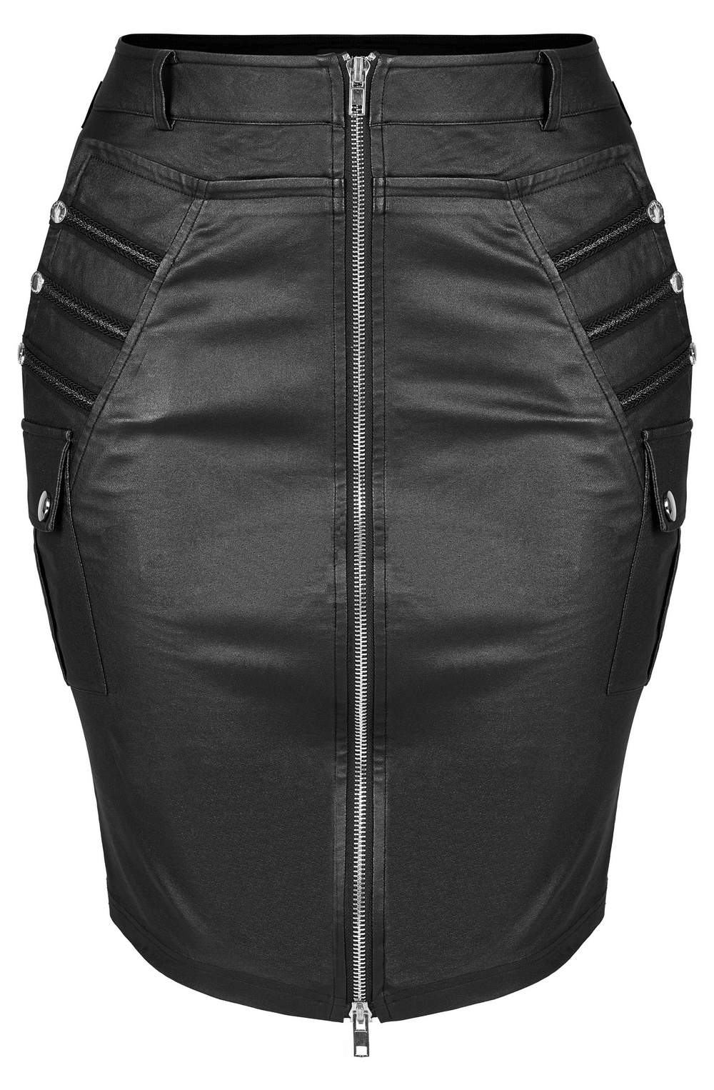 Chic faux leather skirting with rivet details, double-headed zipper, and practical side pockets for edgy style.
