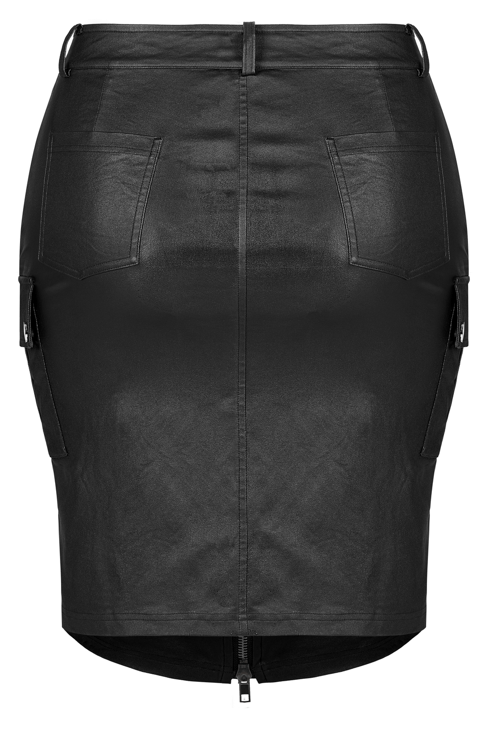 Chic black faux leather zippered bodycon skirt with rivet details and side pockets, perfect for edgy punk style.