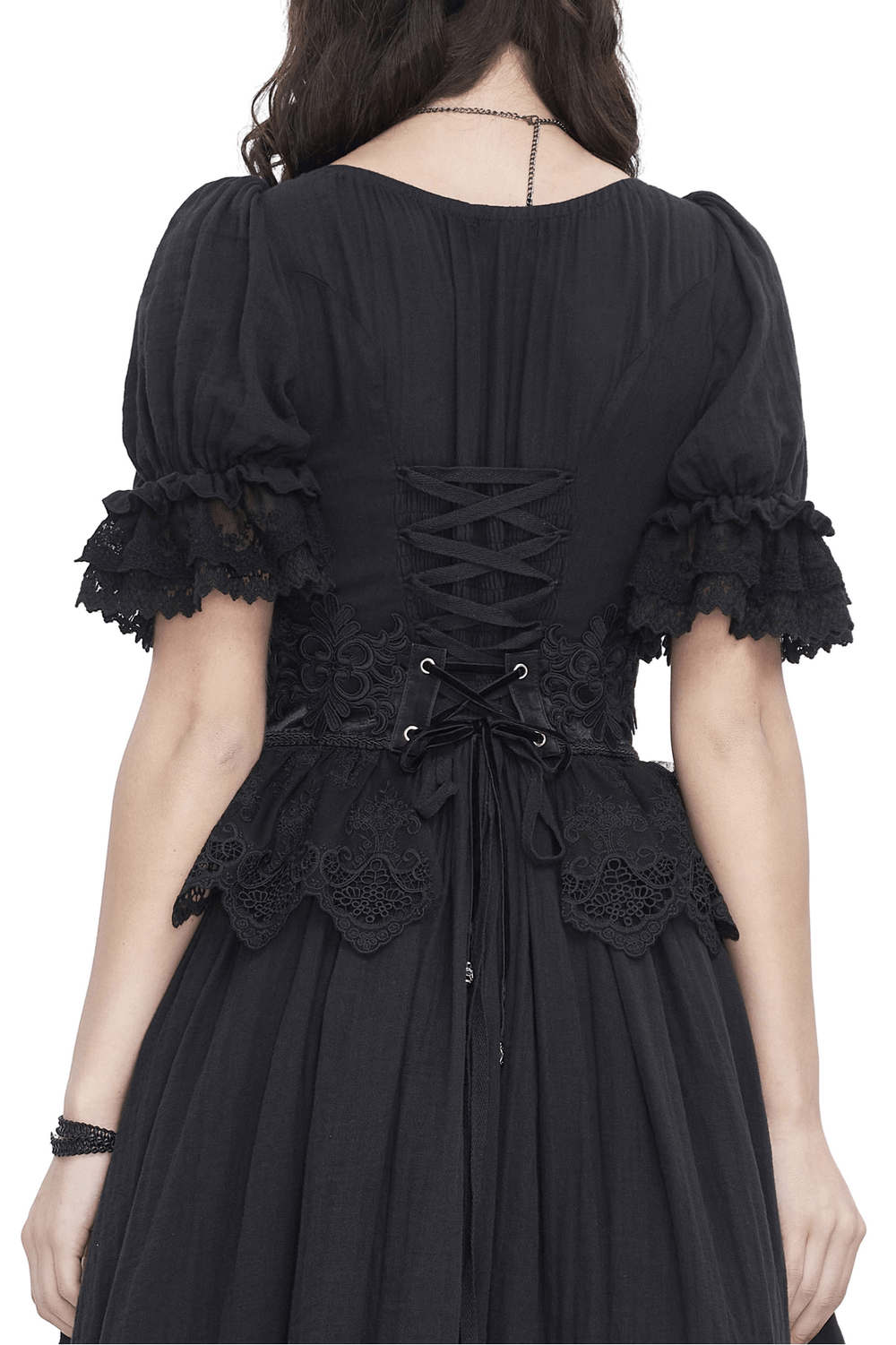 Back view of a chic black lace dress featuring a corset-style lace-up design and elegant puff sleeves.