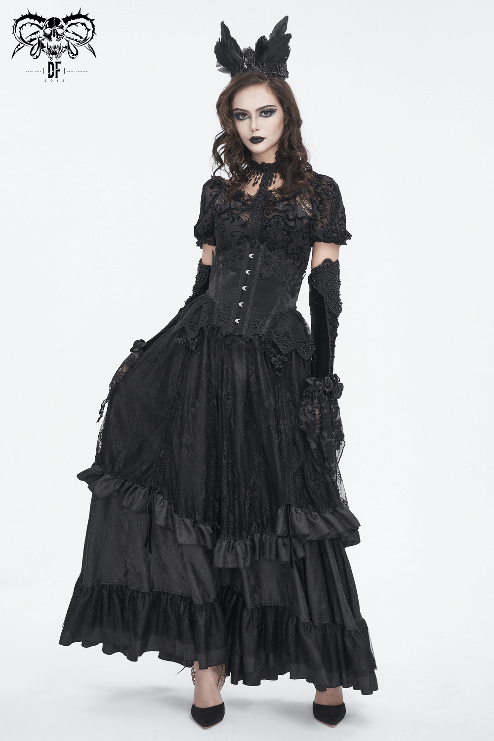 Elegant black lace corset dress with ruffled skirt and gothic accessories, exuding vintage charm and allure.