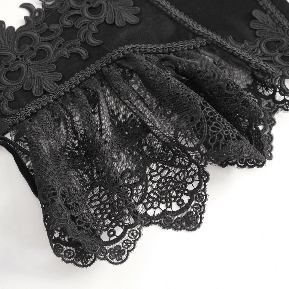Elegant black lace underbust corset with floral embroidery and flared trim for a vintage charm.