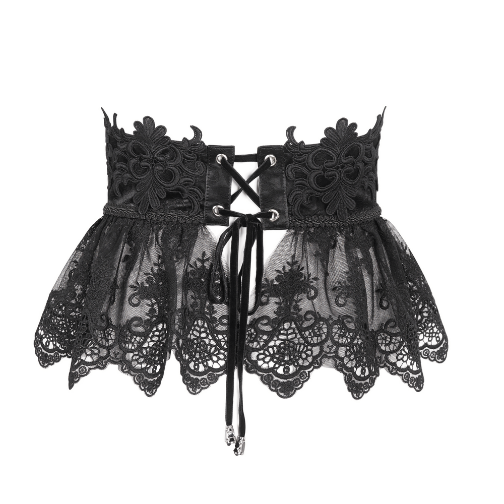 Elegant black lace underbust corset with floral embroidery and hook closure, perfect for a romantic look.