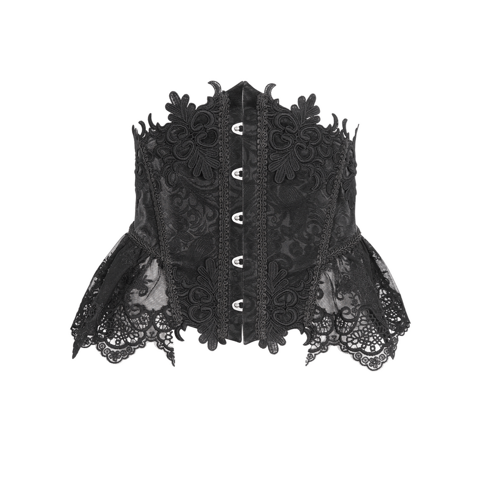 Chic black lace underbust corset with floral embroidery and hook closure, perfect for a seductive silhouette.