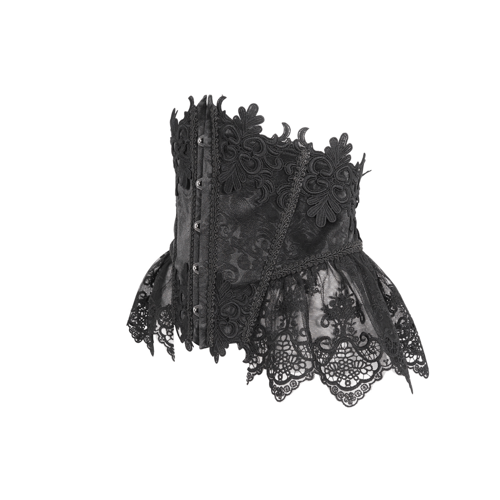 Chic Black Lace Underbust Corset with floral embroidery and hook closure for an elegant silhouette.