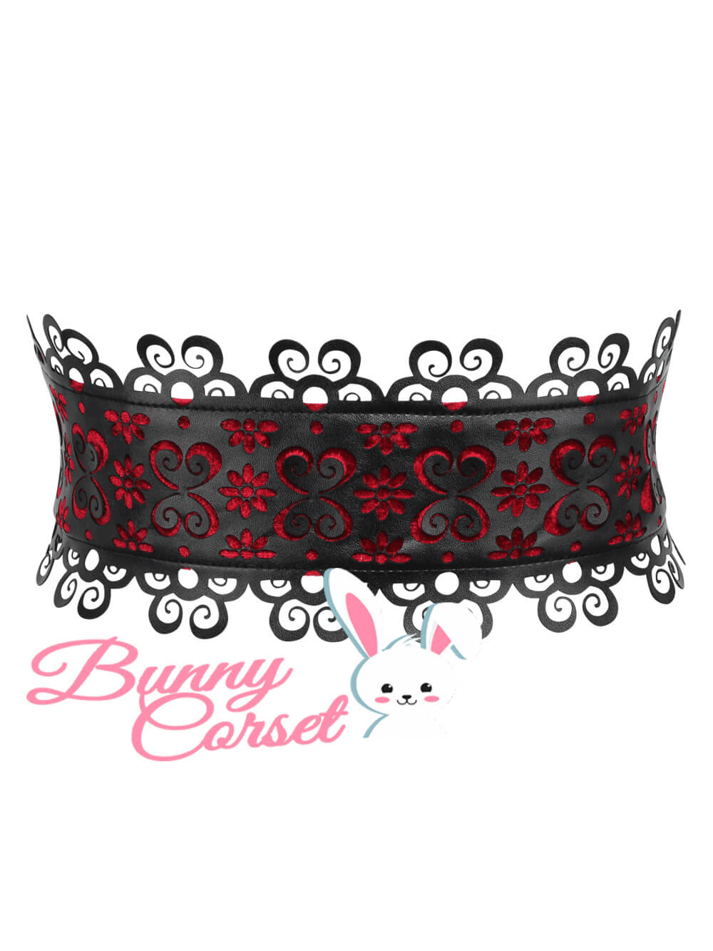 Chic black and red floral corset belt with lace detailing by Bunny Corset, perfect for stylish outfits.