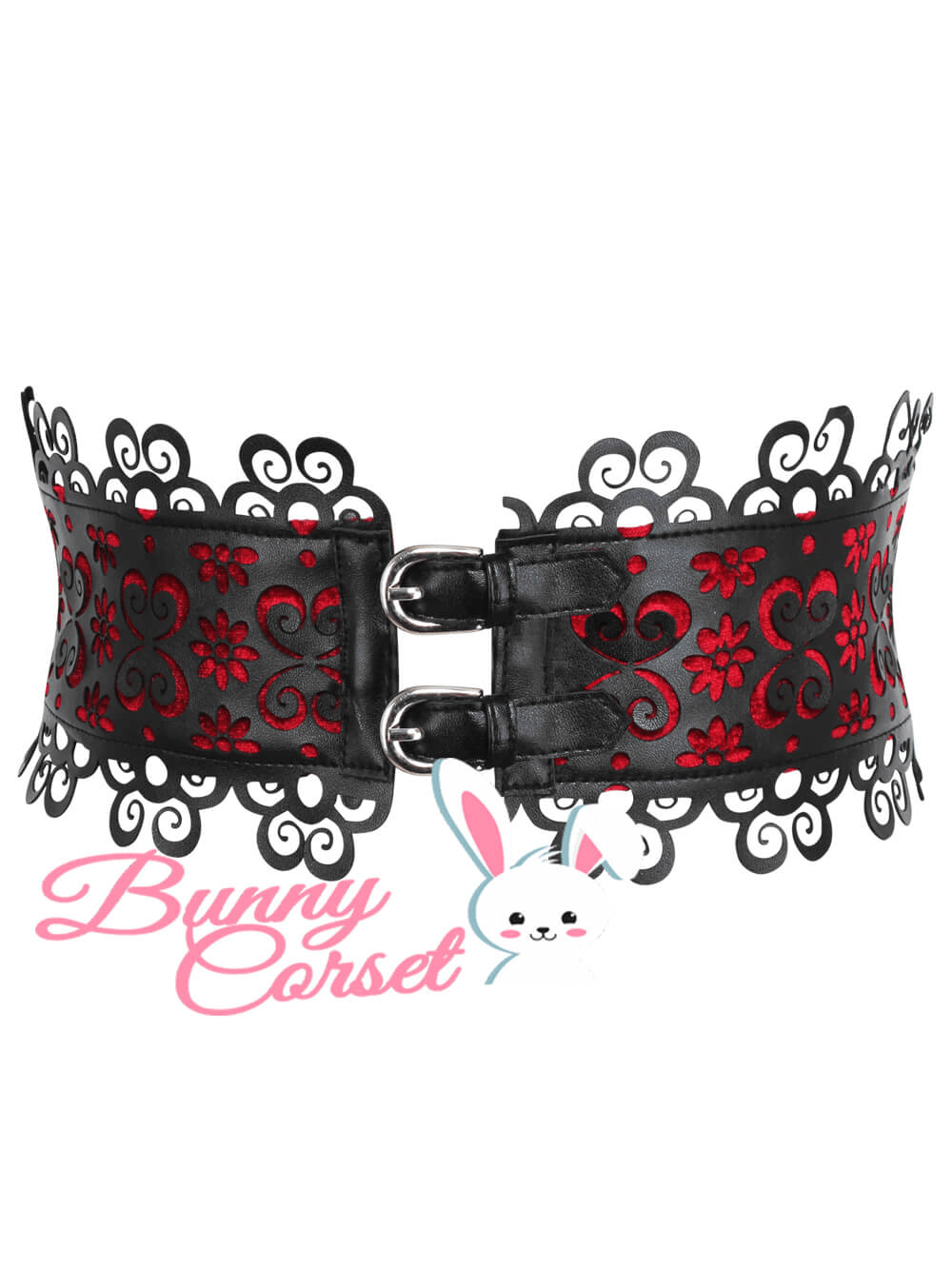 Chic black and red female corset belt with floral details and double buckle, perfect for stylish outfits.