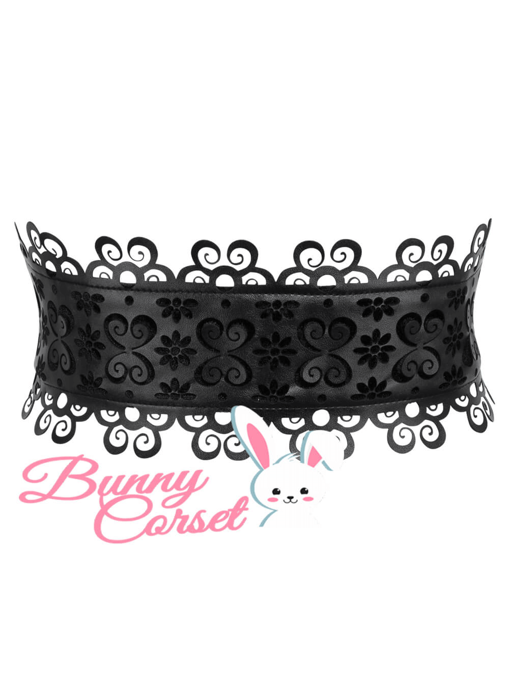 Elegant black velvet and lace corset belt with a detailed floral design for stylish outfits.