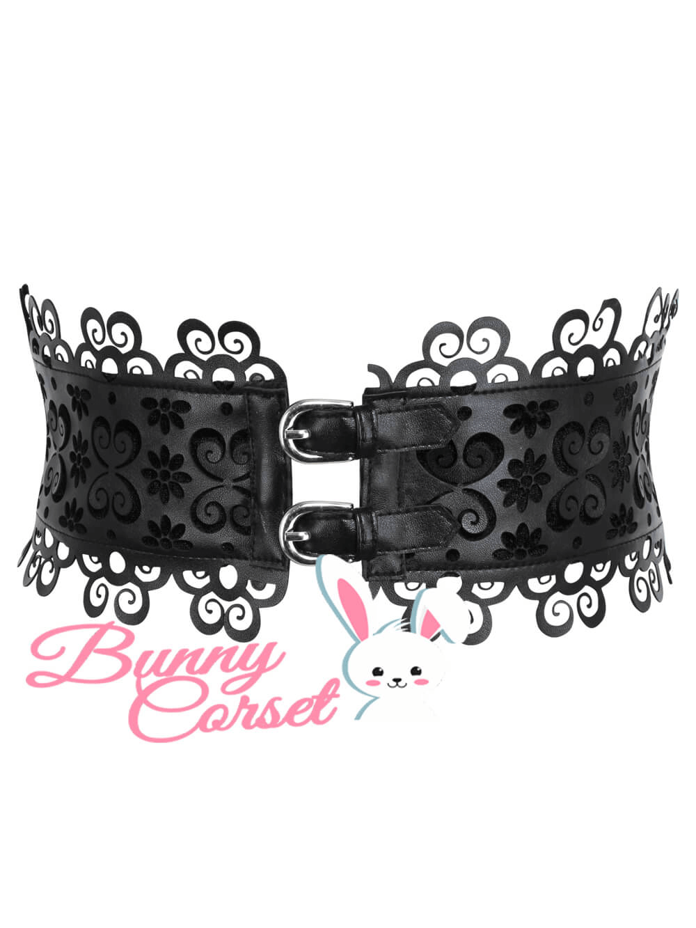 Chic black velvet and faux leather corset belt with floral cutouts and front buckle, perfect for stylish outfits.