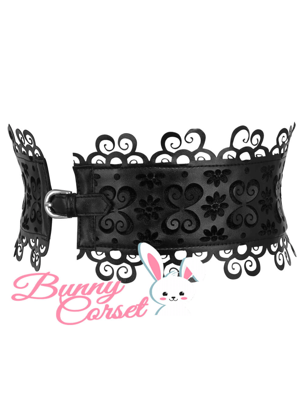 Elegant black corset belt with floral cutouts and buckle closure, perfect for adding flair to any outfit.