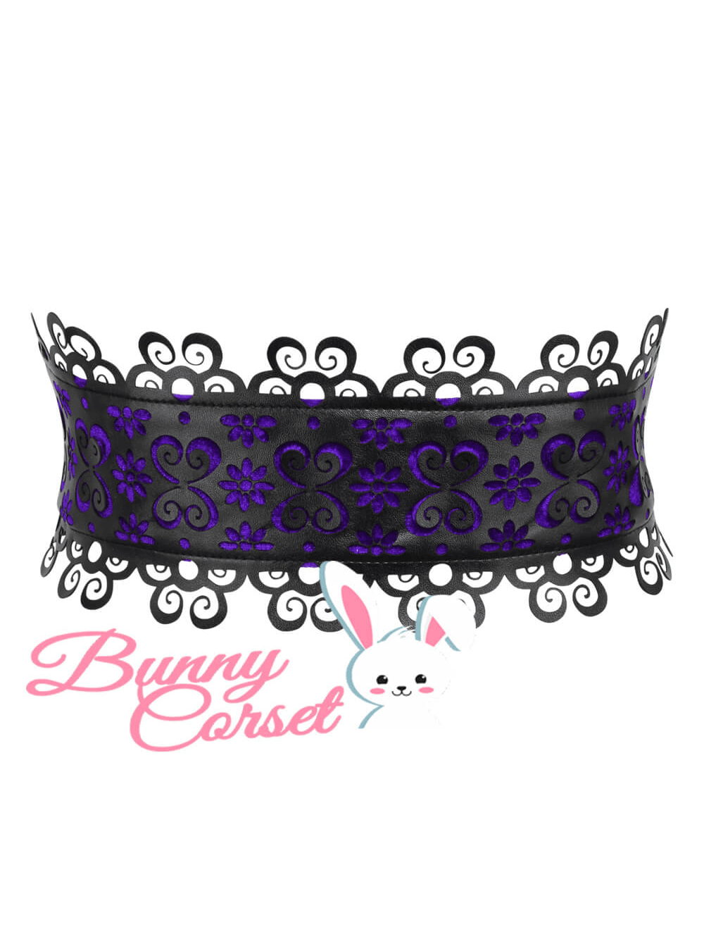 Elegant purple and black corset belt with intricate floral design and lace trim, perfect for adding flair to any outfit.