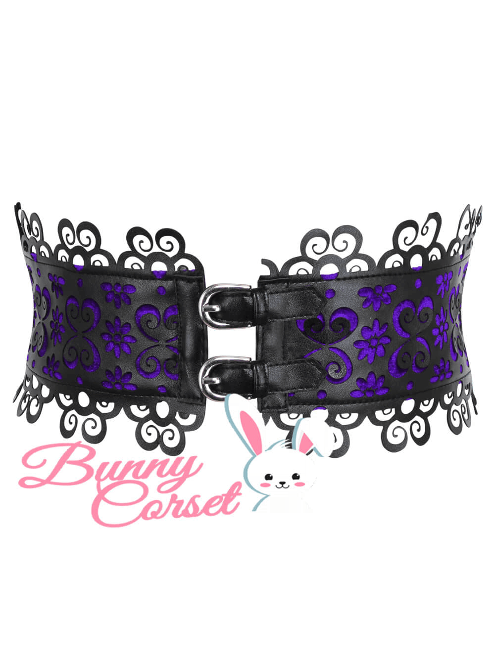 Chic black and purple corset belt with floral design, perfect for adding elegance to any outfit.