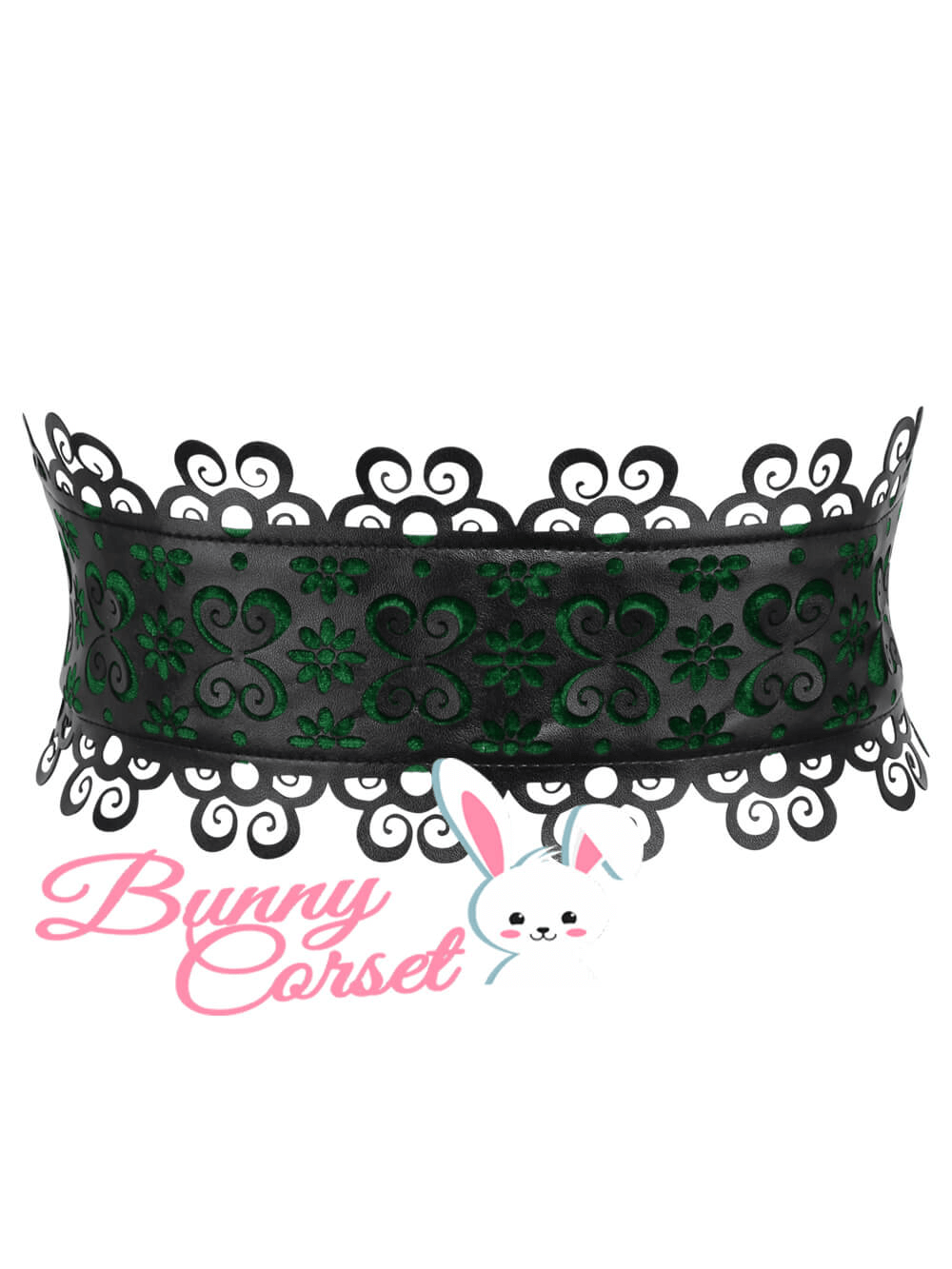 Elegant green velvet and faux leather corset belt with intricate floral design by Bunny Corset.