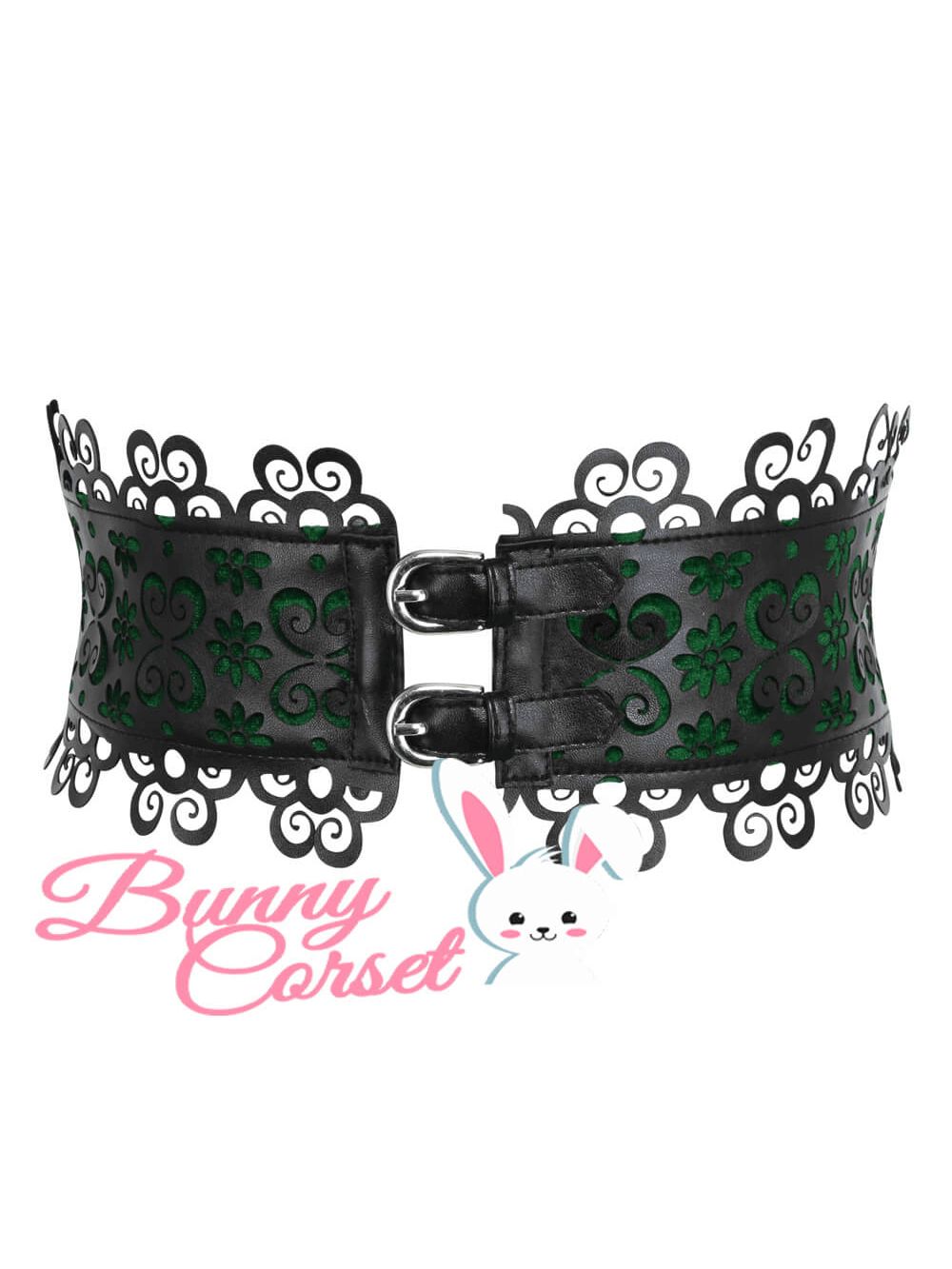 Chic black and green corset belt with intricate lace detail and dual buckle closure from Bunny Corset.