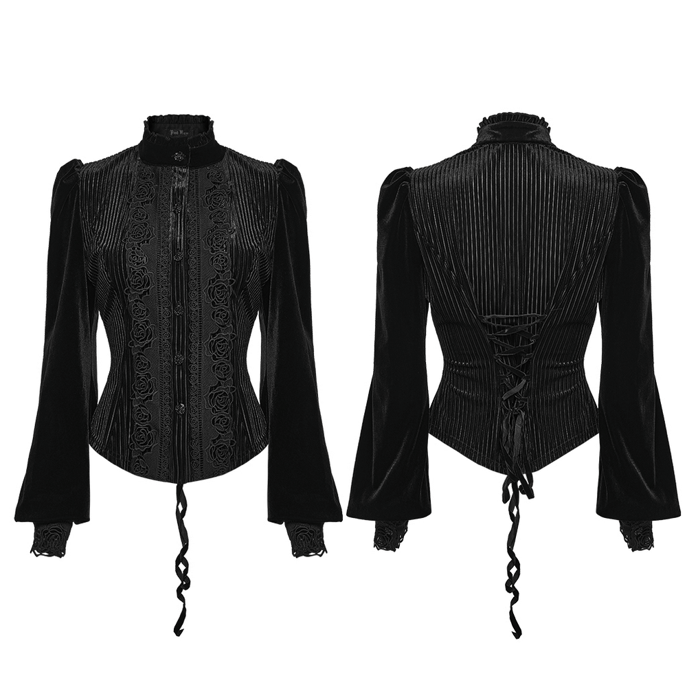 Chic Female Velvet Shirt with Lace and Vertical Stripes showcasing elegant rose lace details and a unique layered design.
