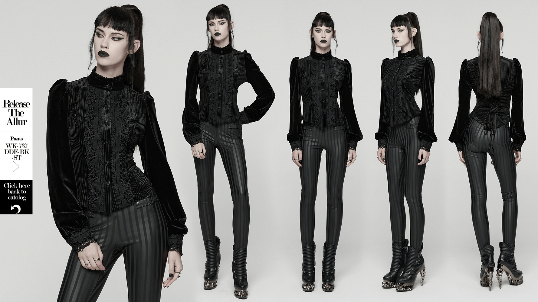 Chic Female Velvet Shirt with Lace and Vertical Stripes showcased in multiple views, featuring black velvet and rose lace details.