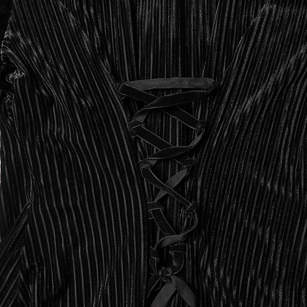 Chic Female Velvet Shirt with Lace and Vertical Stripes showcasing elegant lace-up back detail.