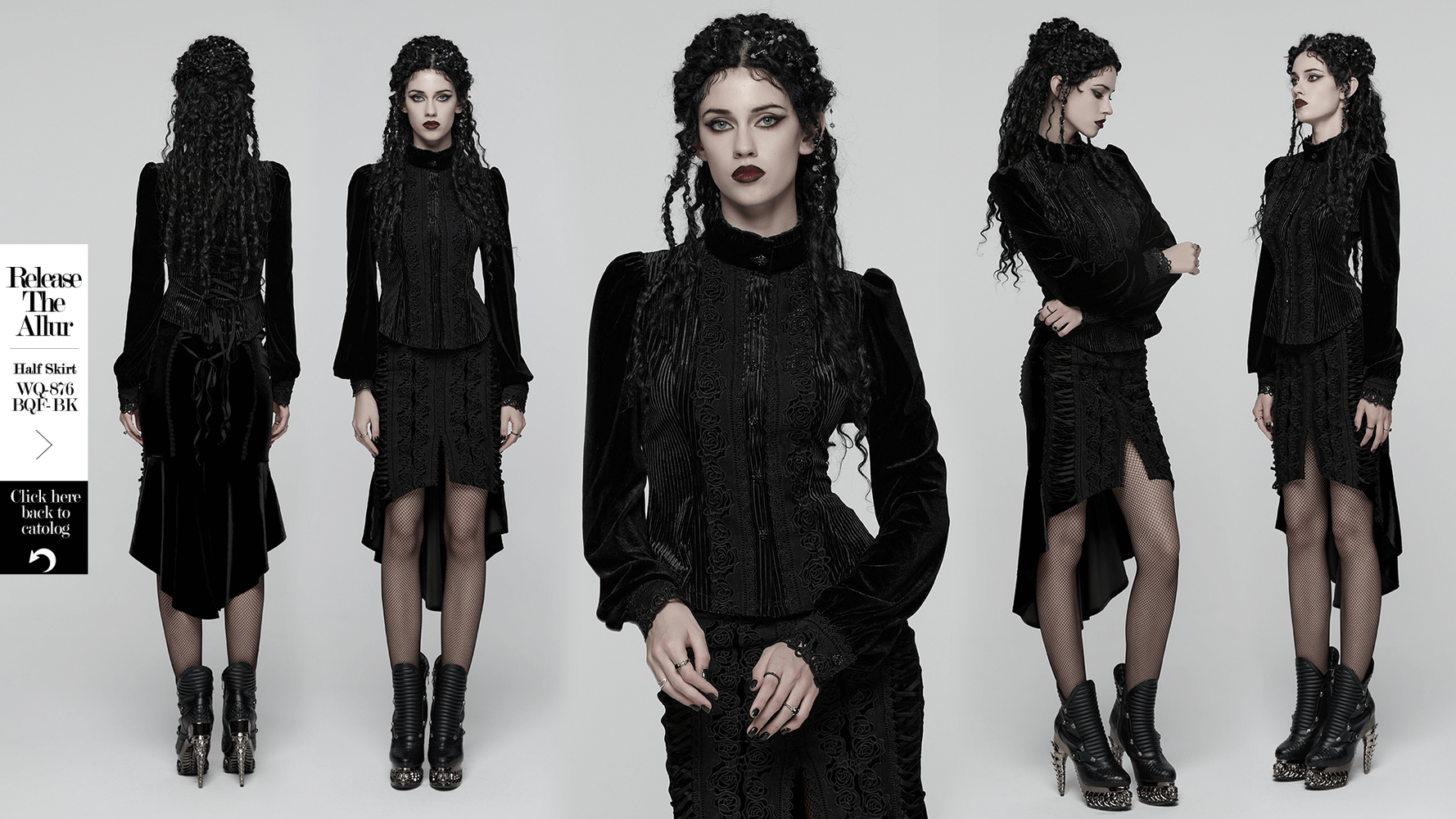 Chic Female Velvet Shirt with Lace and Vertical Stripes worn by a model, showcasing gothic style and elegant details.