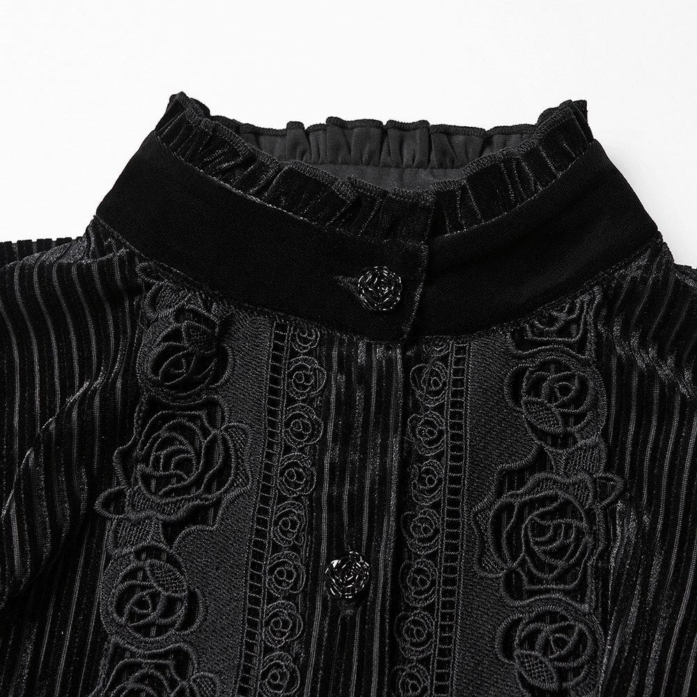 Chic Female Velvet Shirt with Lace and Vertical Stripes close-up view showing rose lace and velvet details.