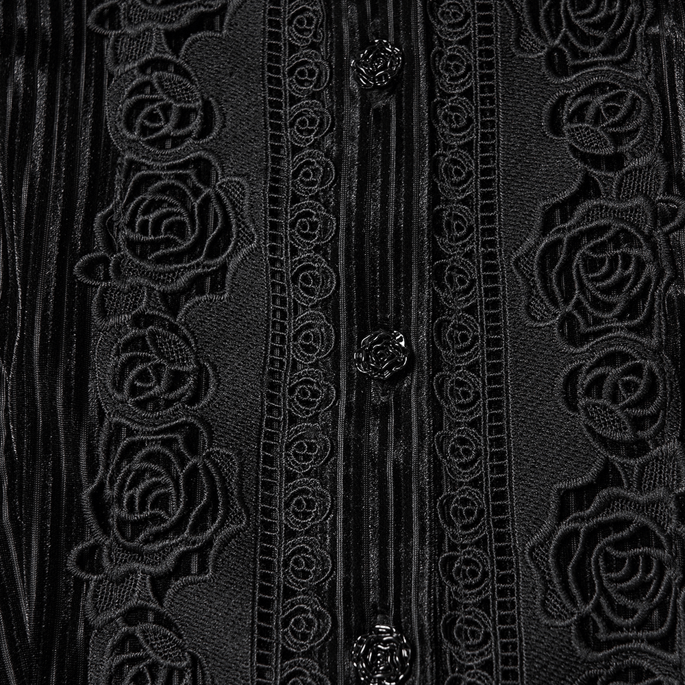 Chic Female Velvet Shirt with Lace and Vertical Stripes detailed view of black rose lace design and buttons.