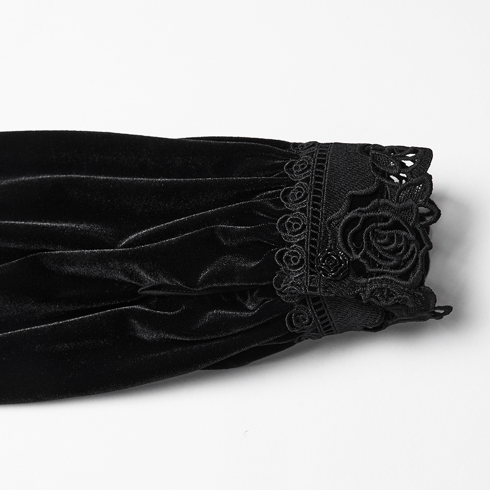 Chic Female Velvet Shirt with Lace and Vertical Stripes black sleeve close-up showcasing rose lace details.