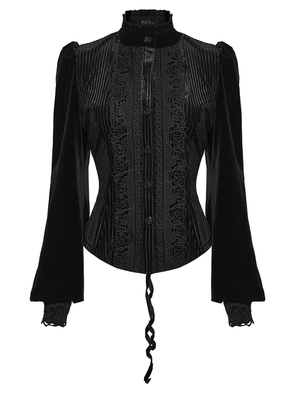 Chic Female Velvet Shirt with Lace and Vertical Stripes, featuring rose lace detailing and vertical striped velvet.
