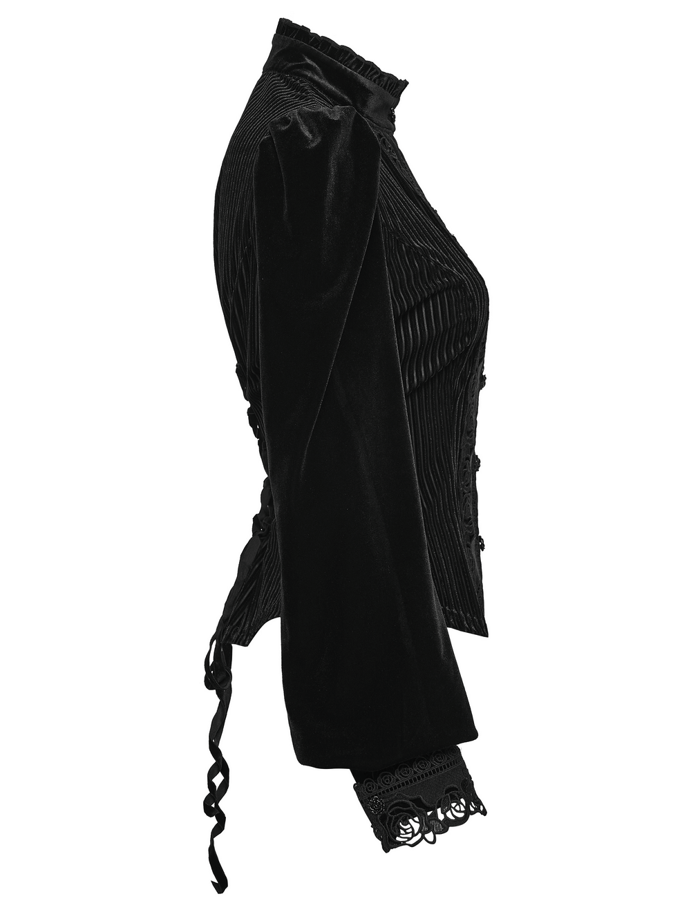 Chic Female Velvet Shirt with Lace and Vertical Stripes in black with rose lace and vertical stripes.