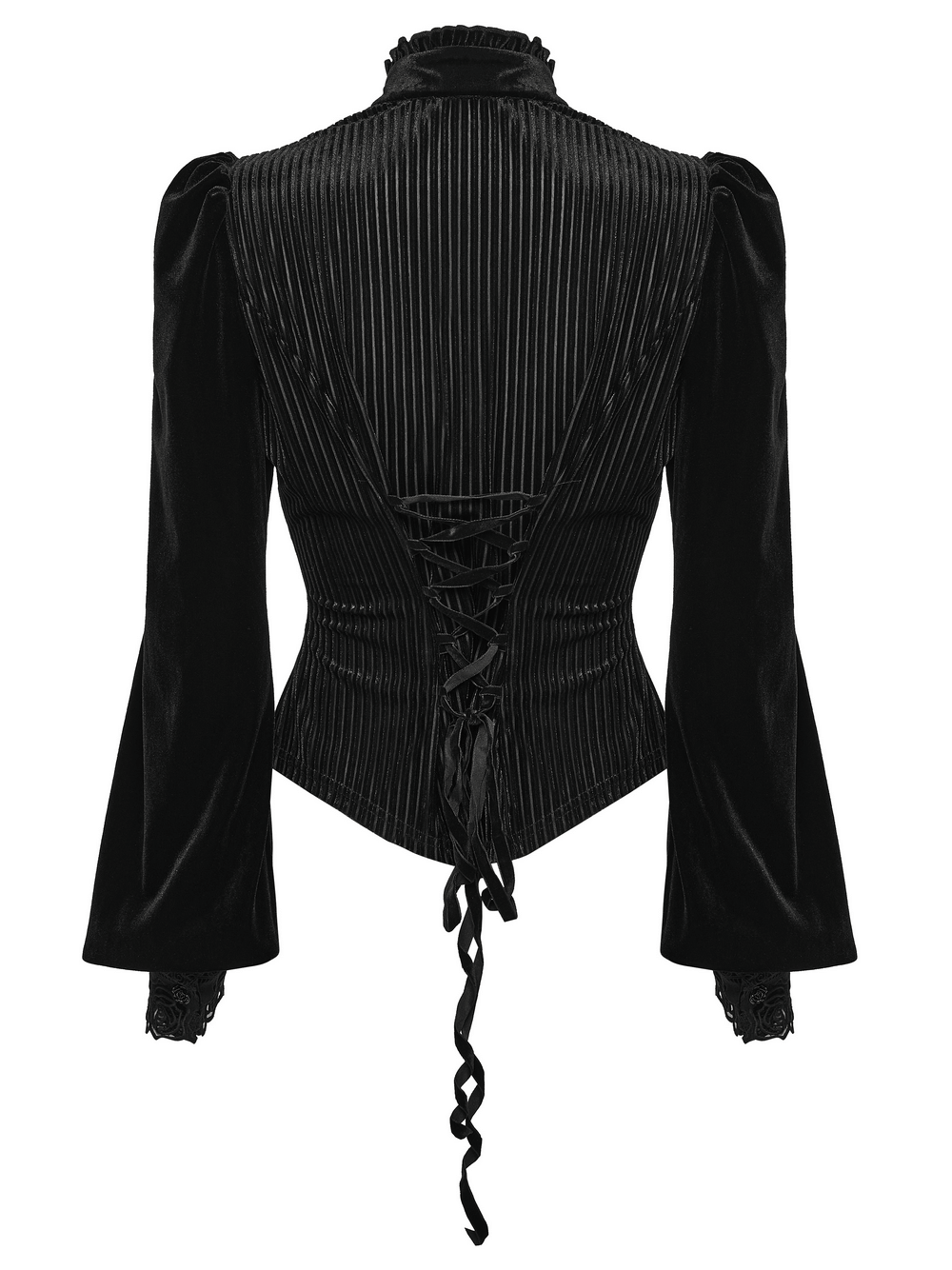 Chic Female Velvet Shirt with Lace and Vertical Stripes showcasing a gothic style with elegant rose lace and vertical stripes.