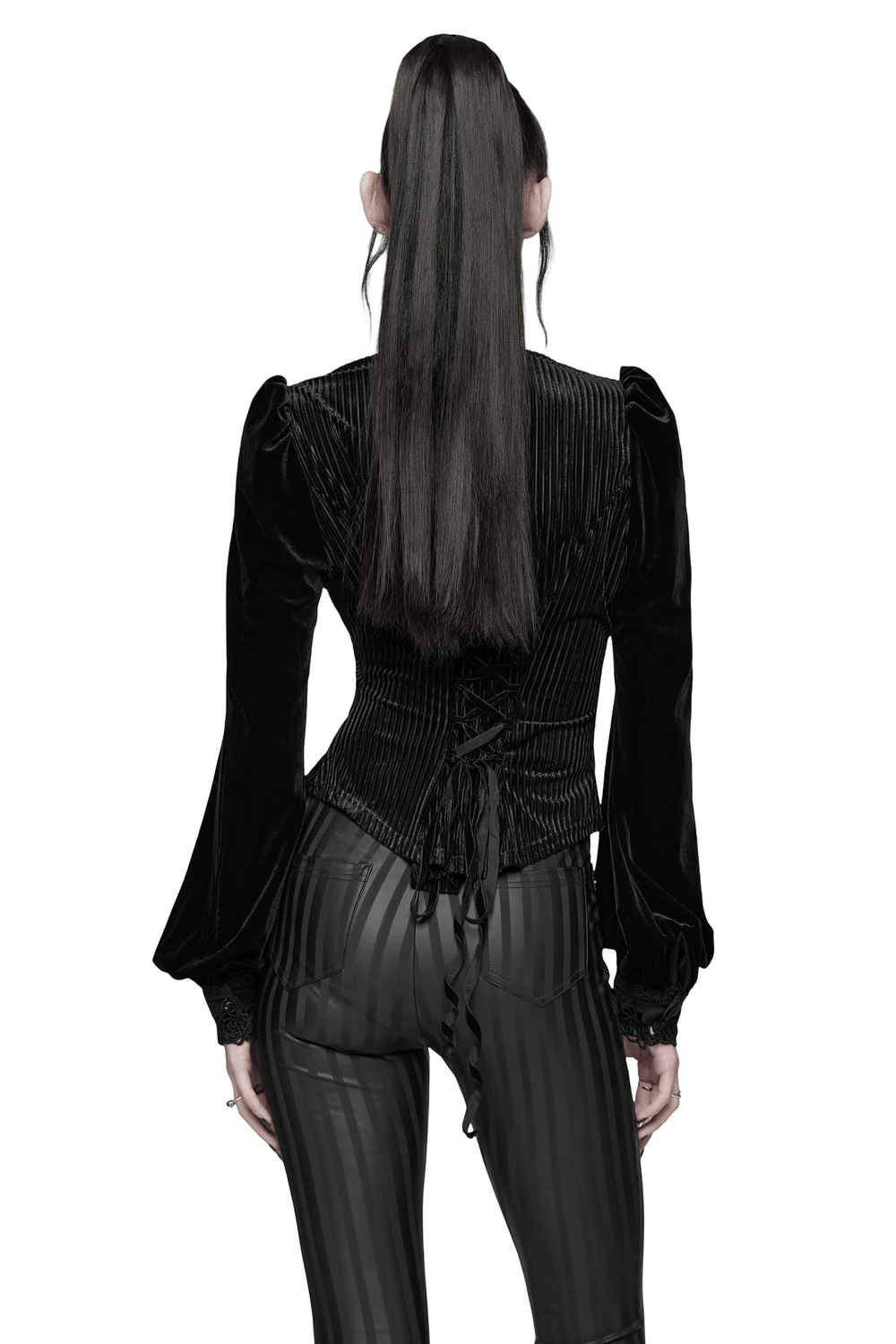 Chic Female Velvet Shirt with Lace and Vertical Stripes - back view showcasing elegant design and fit.