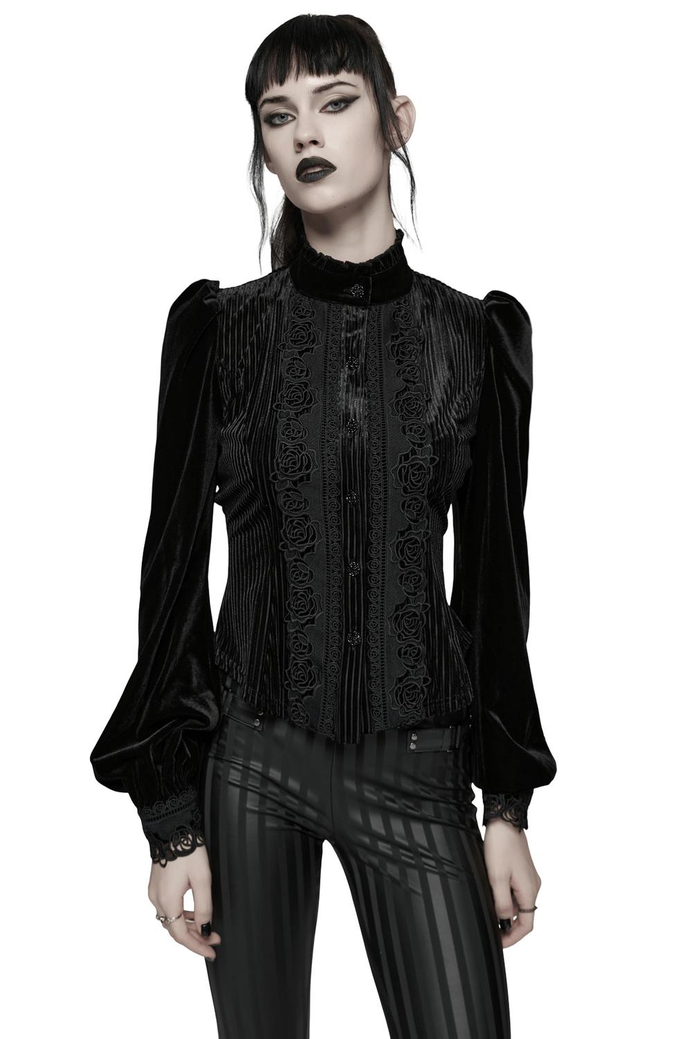 Chic Female Velvet Shirt with Lace and Vertical Stripes worn by model, featuring rose lace and vertical stripe design.