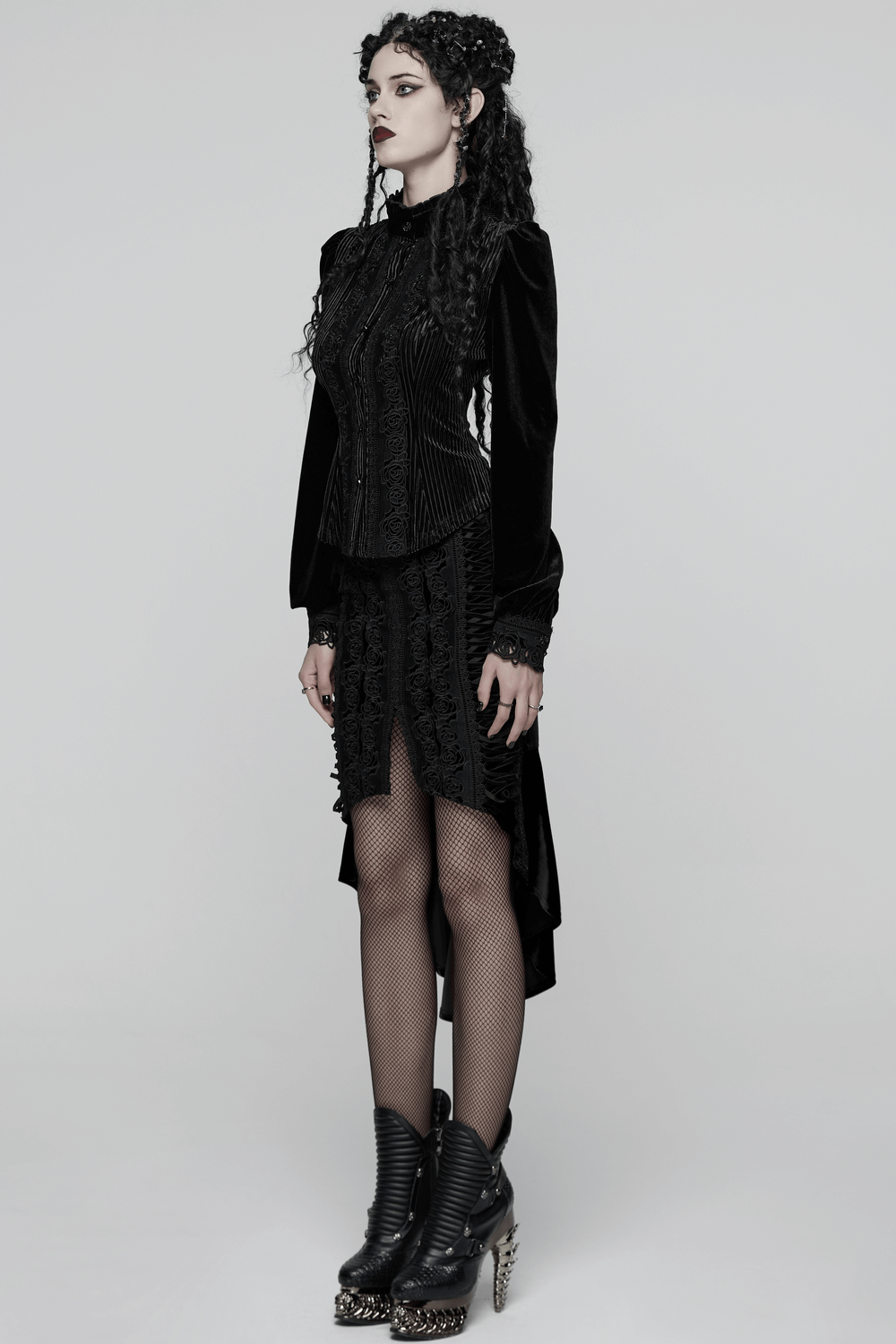 Chic Female Velvet Shirt with Lace and Vertical Stripes worn by a model in a gothic outfit.