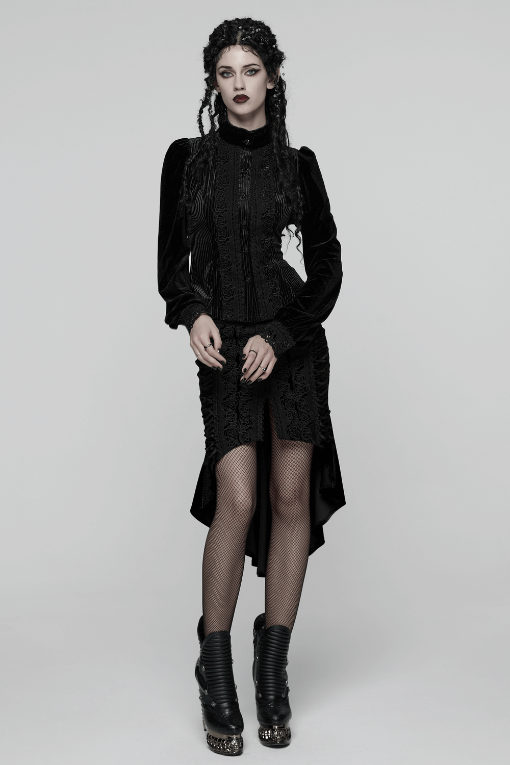 Chic Female Velvet Shirt with Lace and Vertical Stripes worn by a model in a stylish gothic setting.