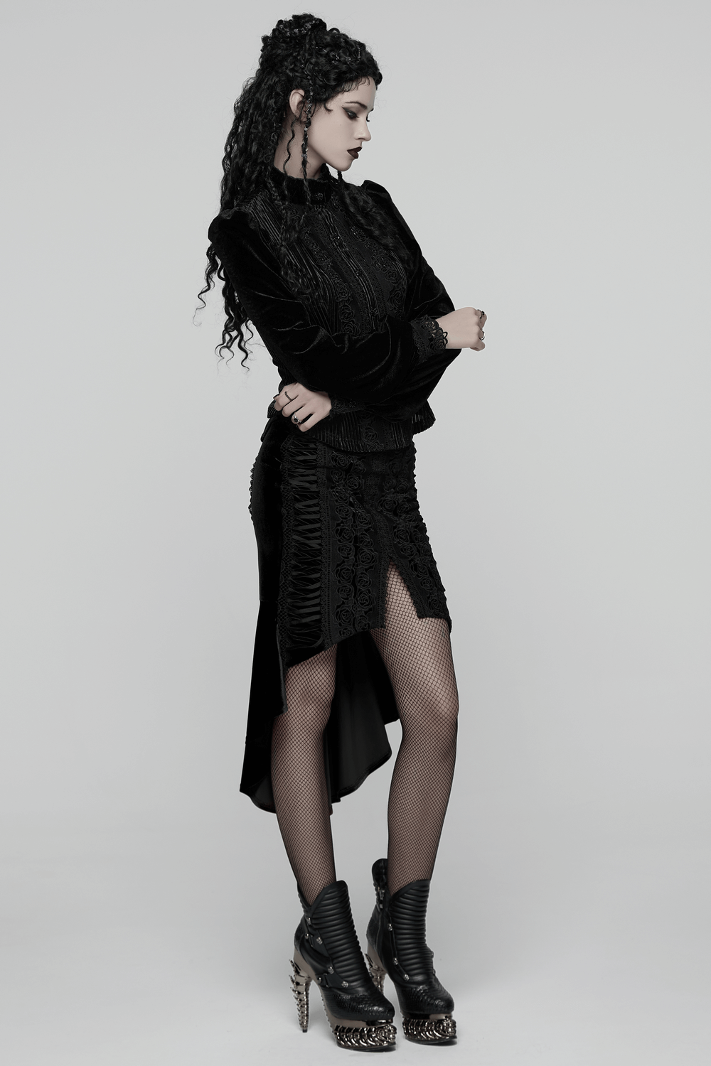 Chic Female Velvet Shirt with Lace and Vertical Stripes worn by a stylish model in a gothic outfit.