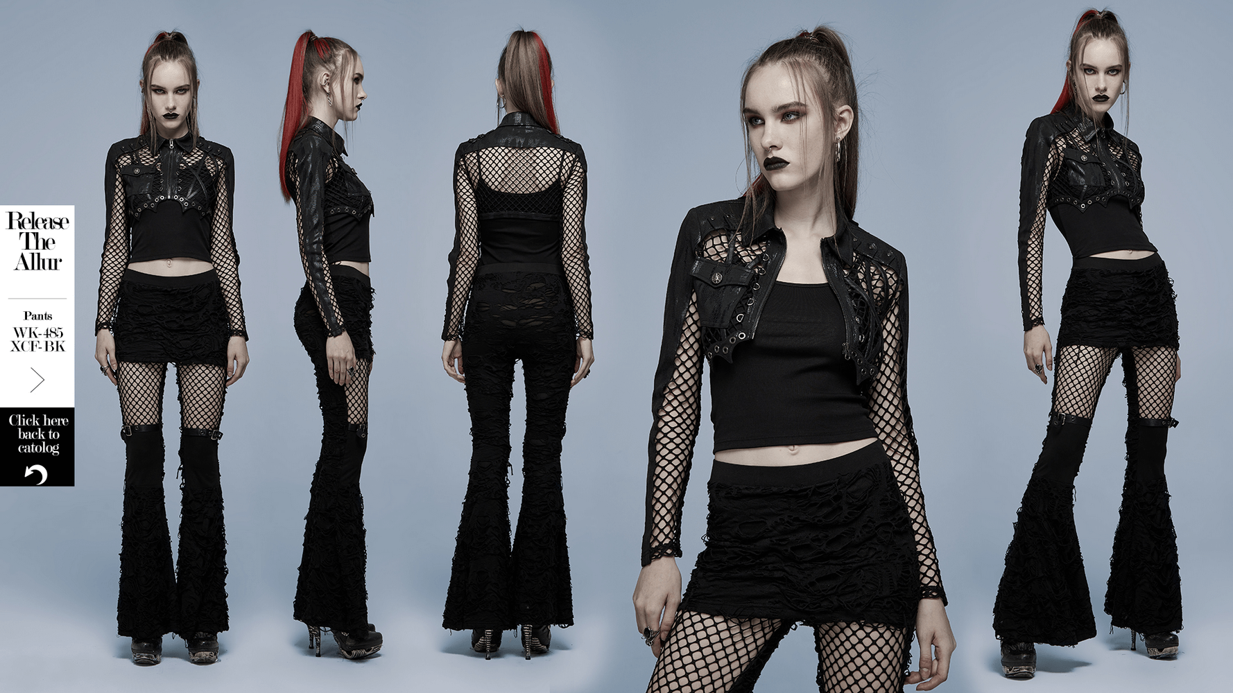 Chic Gothic crop top with fishnet sleeves and leather accents, paired with stylish flared pants in a punk-inspired look.