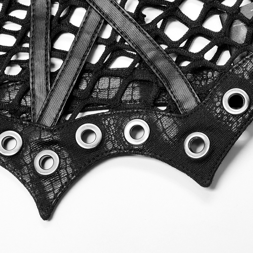 Close-up of chic fishnet detailing with silver grommets and edgy straps for a gothic punk crop top.