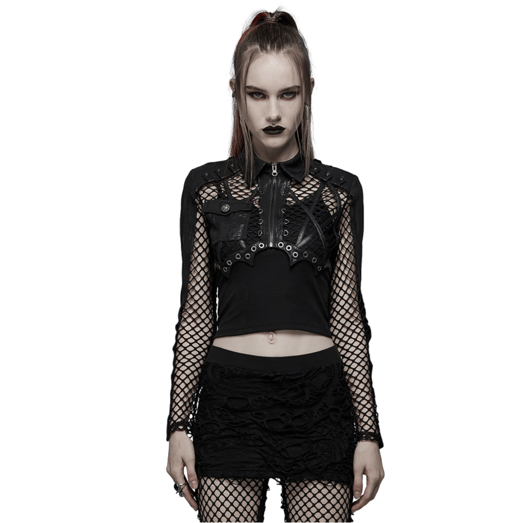 Women's Gothic Round Collar Zippered Crop Tops With Detachable