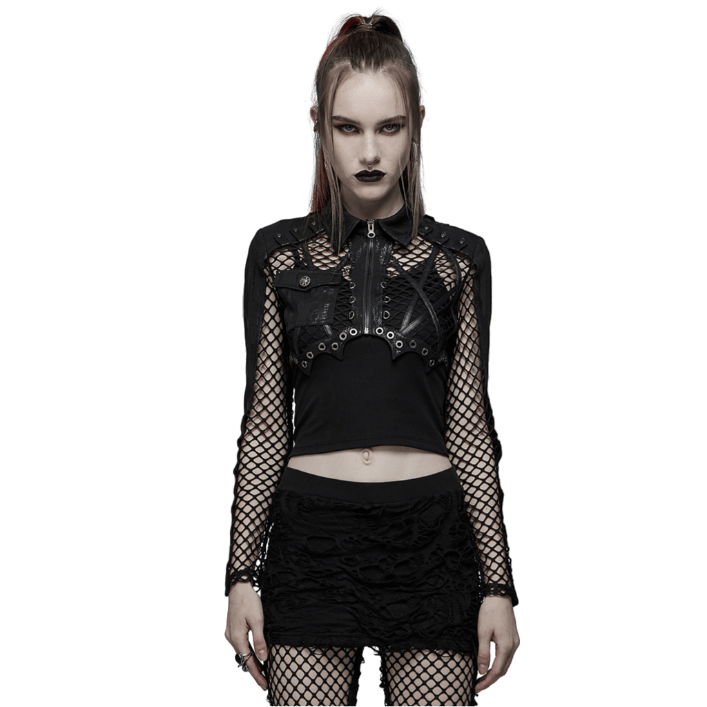Gothic punk crop top with fishnet sleeves and leather accents, showcasing a bold fashion statement.