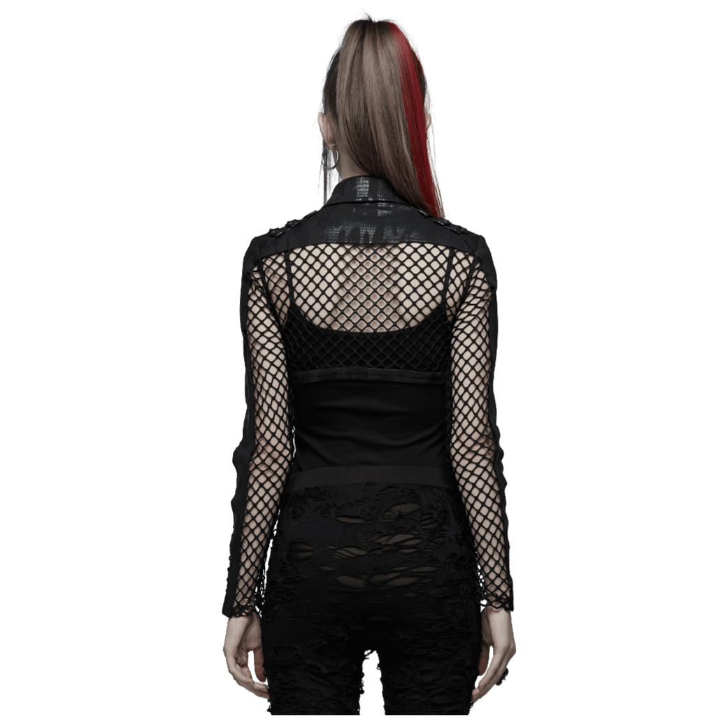 Back view of a chic Gothic fishnet sleeves crop top, showcasing edgy mesh and leather accents for a punk vibe.