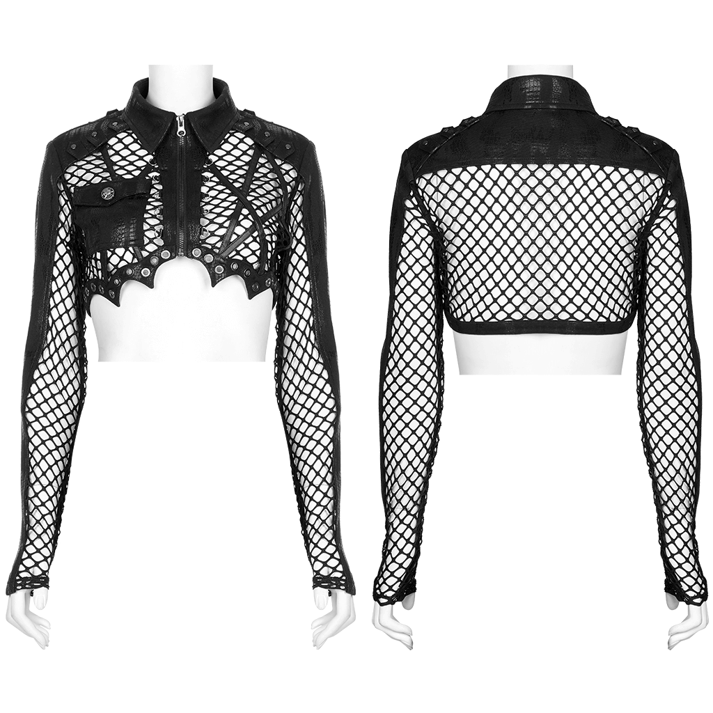 Chic Gothic fishnet crop top with leather accents and edgy design, showcasing mesh detailing and patch pockets.