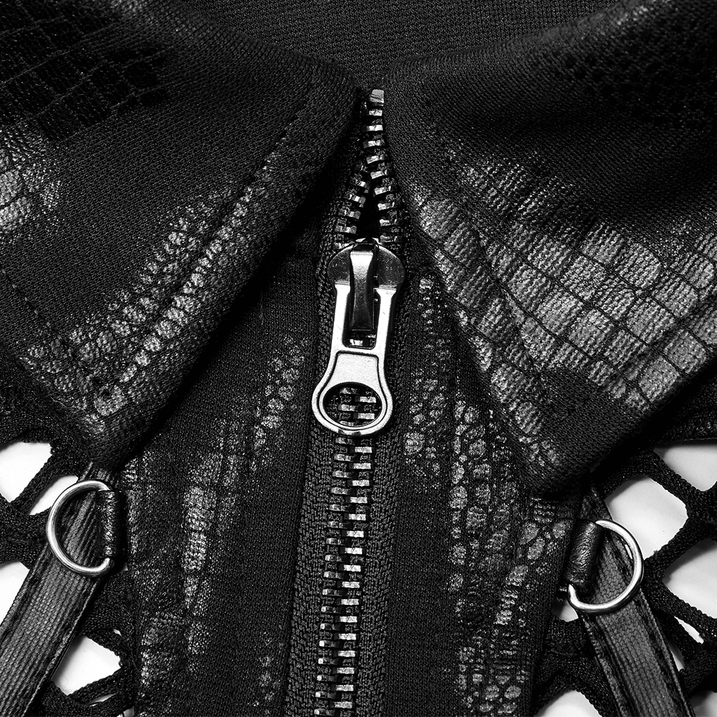 Close-up of chic fishnet sleeves and zip detailing on a gothic crop top with leather accents.