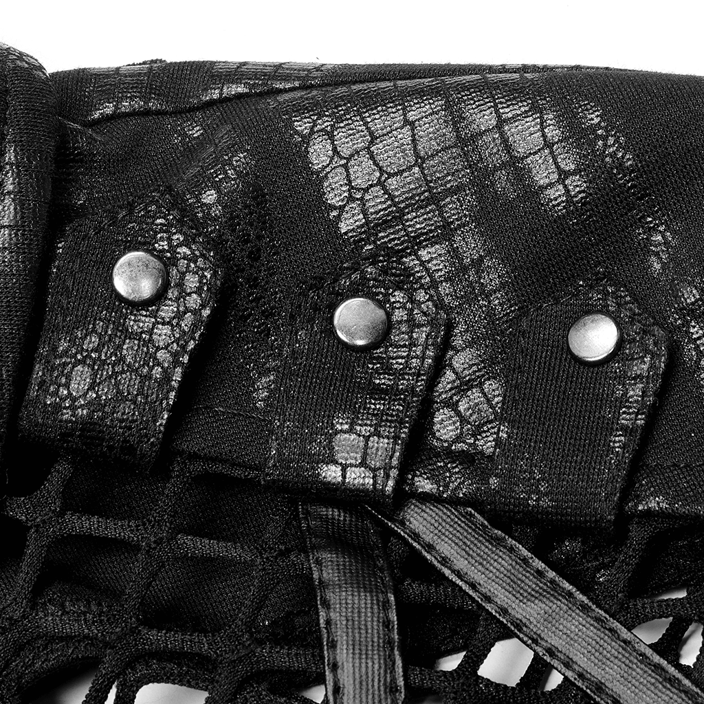 Close-up of chic fishnet sleeves with metal buckles, featuring edgy gothic detailing for a punk-inspired look.