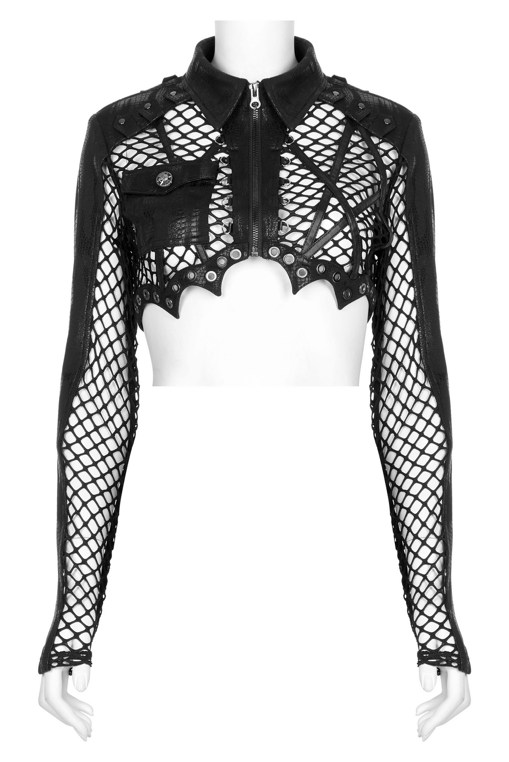 Chic Gothic fishnet crop top with leather accents and edgy design, showcasing mesh detailing and patch pockets.