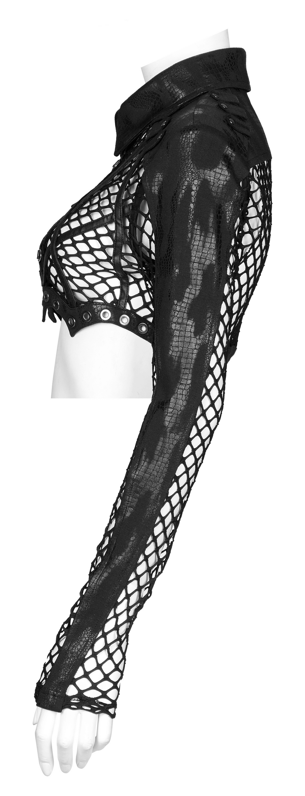 Chic Gothic fishnet zip crop top featuring edgy mesh detailing and leather accents, perfect for punk fashion enthusiasts.