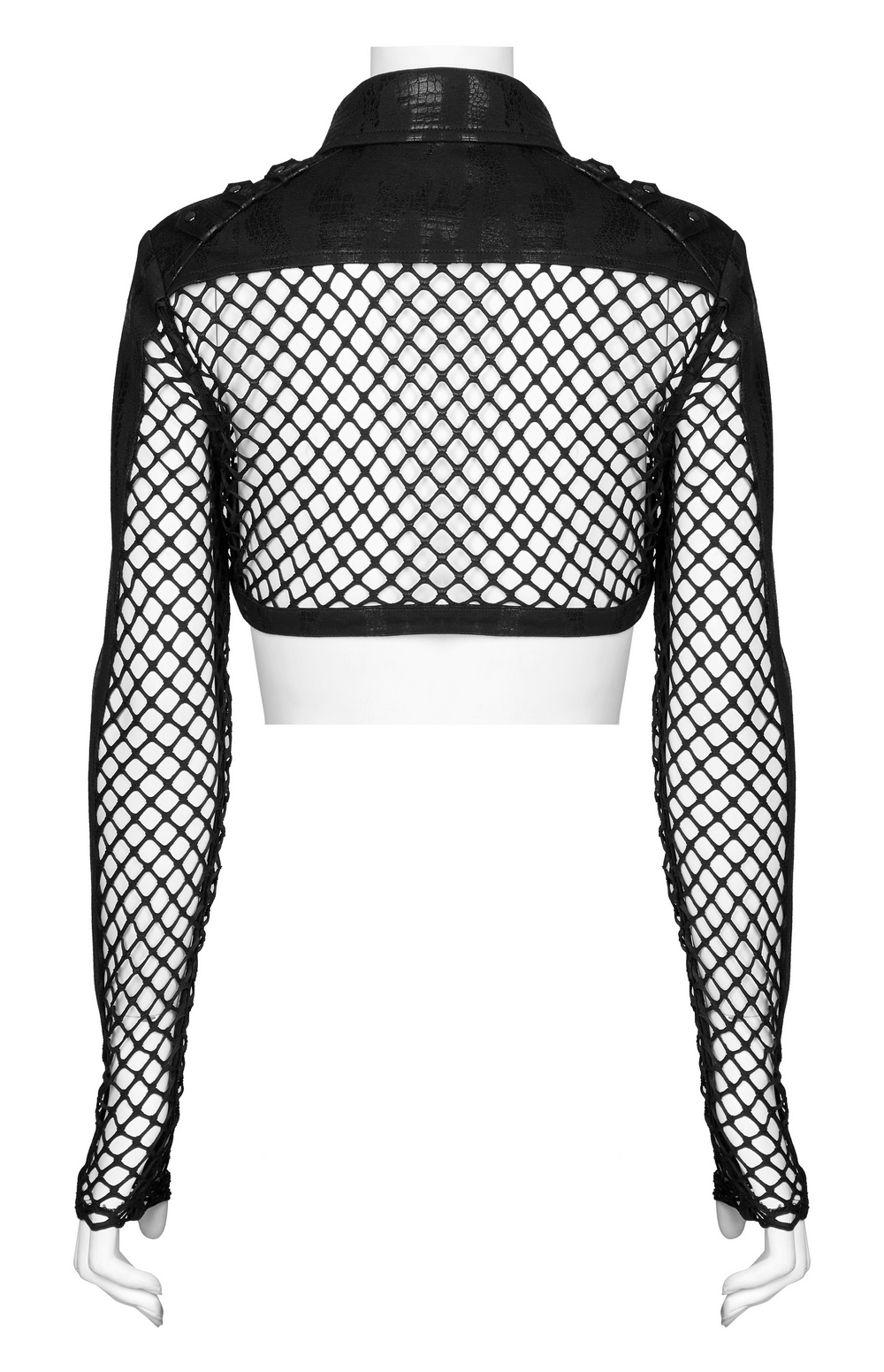 Chic black fishnet crop top with long sleeves and edgy design, showcasing gothic punk style and textured detailing.